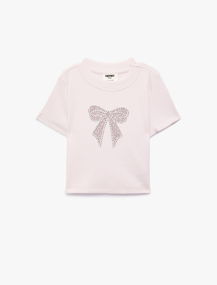 Kız Çocuk Pamuklu Taş Detaylı Kısa Kollu Bisiklet Yaka Fiyonk Baskılı Tişört