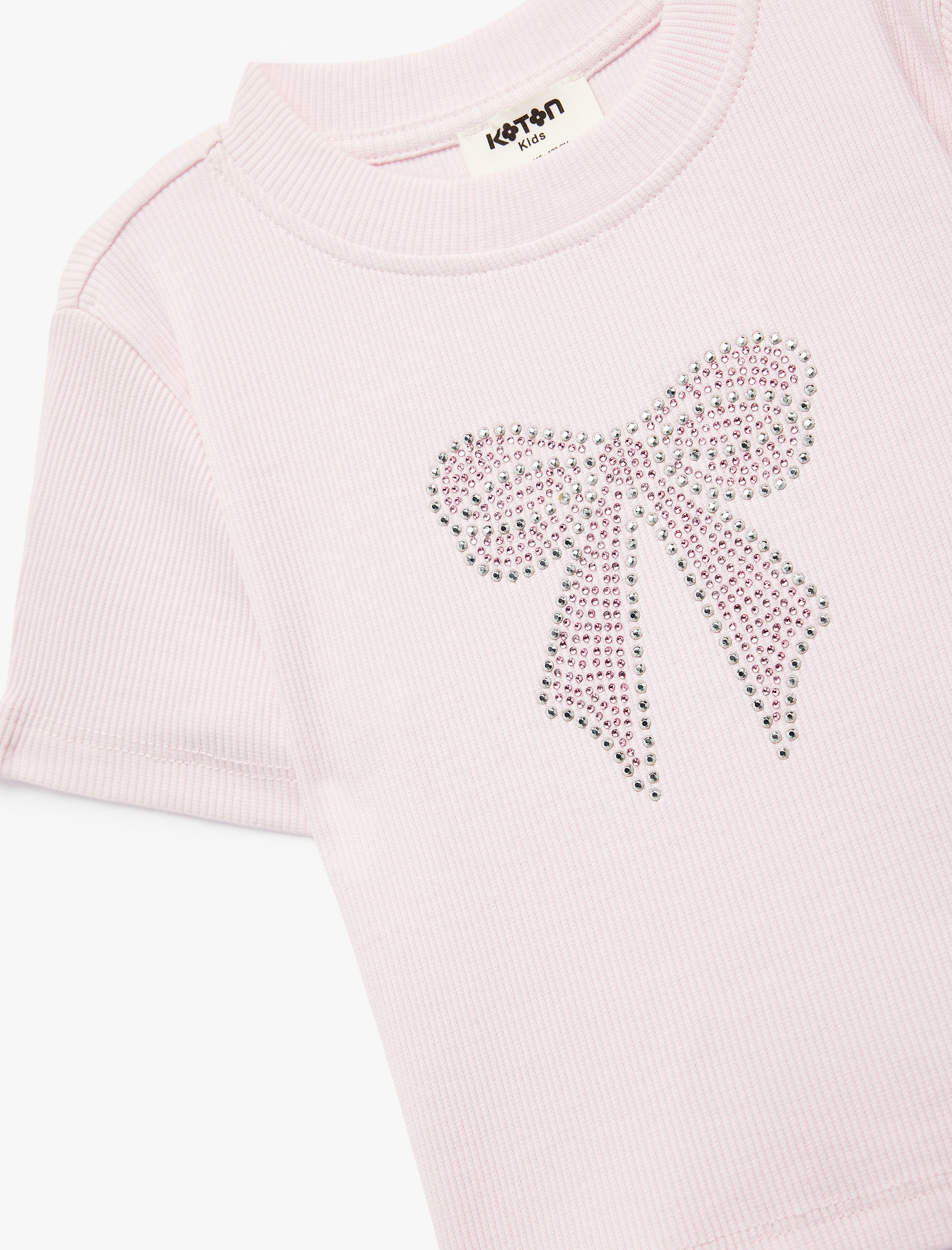  Kız Çocuk Pamuklu Taş Detaylı Kısa Kollu Bisiklet Yaka Fiyonk Baskılı Tişört