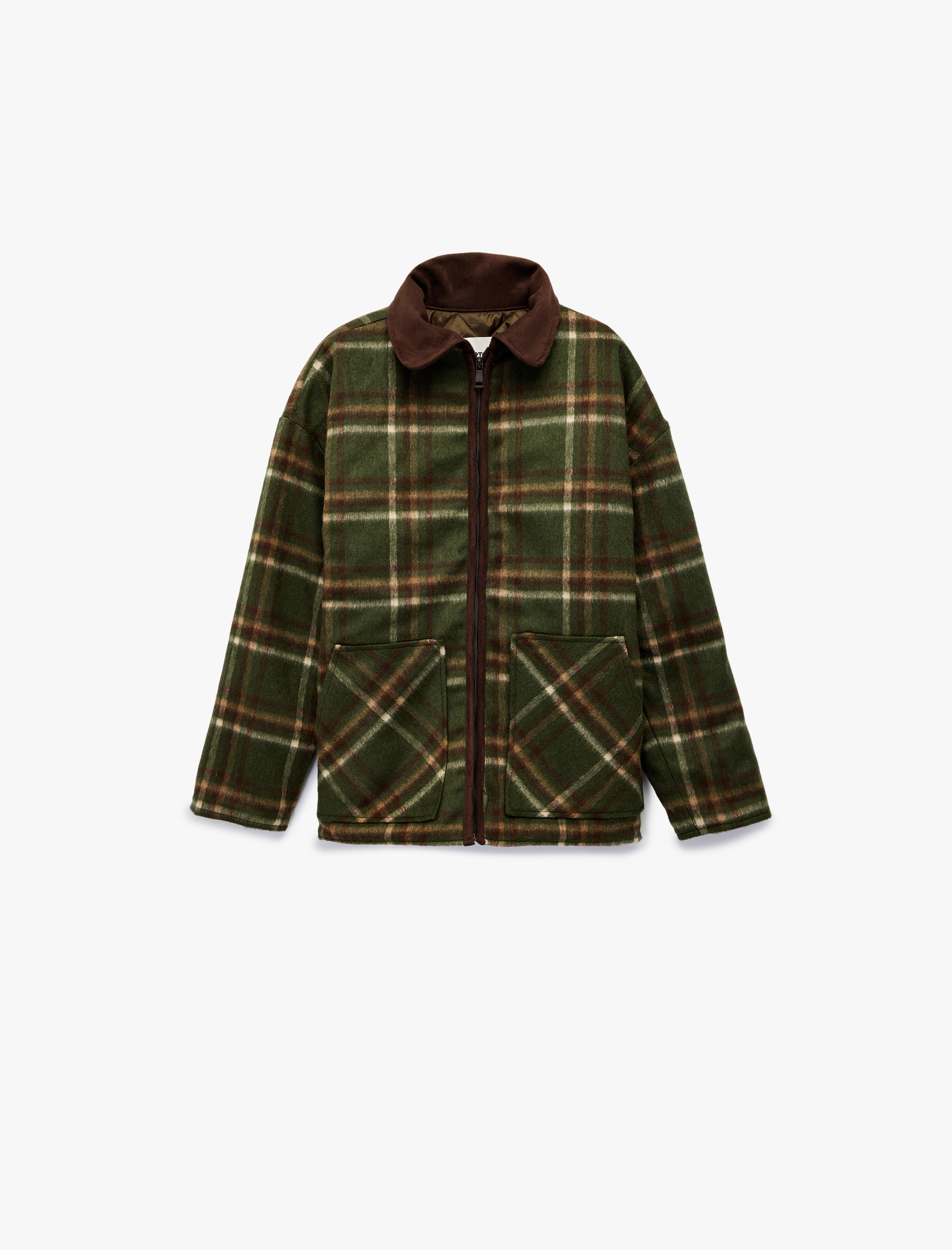  Kız Çocuk Fermuarlı Cepli Klasik Yaka Ekoseli Ceket