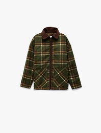 Fermuarlı Cepli Klasik Yaka Ekoseli Ceket