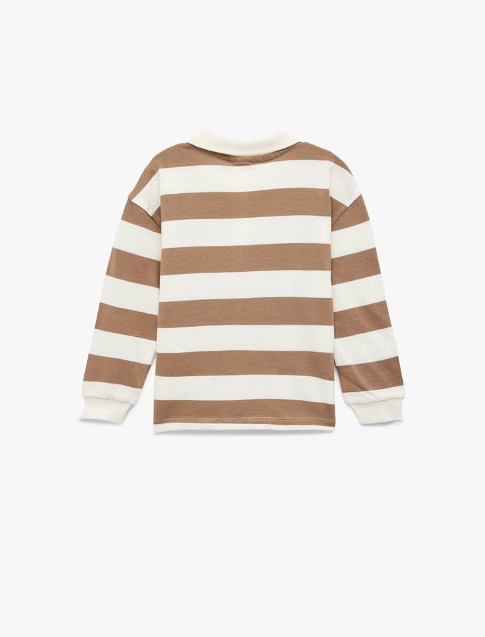 Erkek Bebek Pamuklu Ayıcık Nakış Detaylı Uzun Kollu Polo Yaka Çizgili Sweatshirt