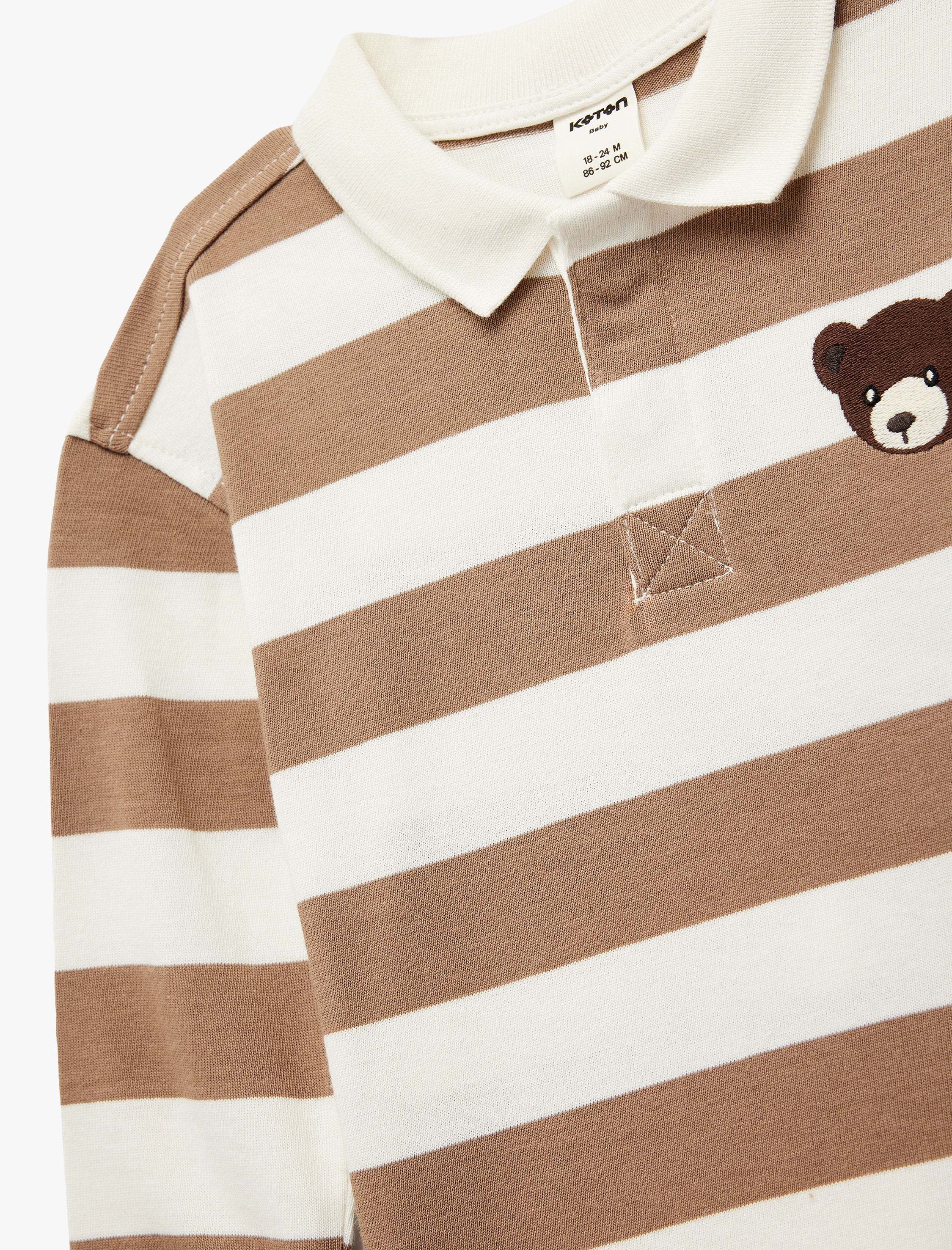  Erkek Bebek Pamuklu Ayıcık Nakış Detaylı Uzun Kollu Polo Yaka Çizgili Sweatshirt