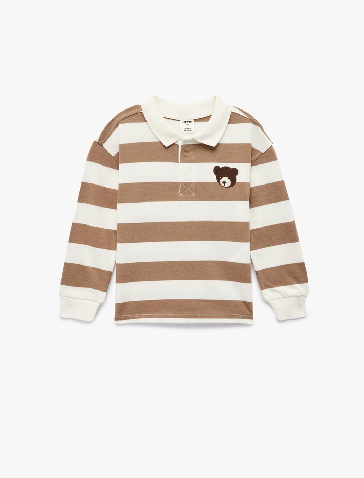 Erkek Bebek Pamuklu Ayıcık Nakış Detaylı Uzun Kollu Polo Yaka Çizgili Sweatshirt
