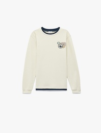 Pamuklu Bisiklet Yaka İşleme Detaylı Uzun Kollu Tişört