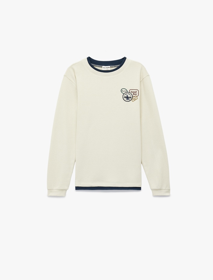 Erkek Çocuk Pamuklu Bisiklet Yaka İşleme Detaylı Uzun Kollu Tişört