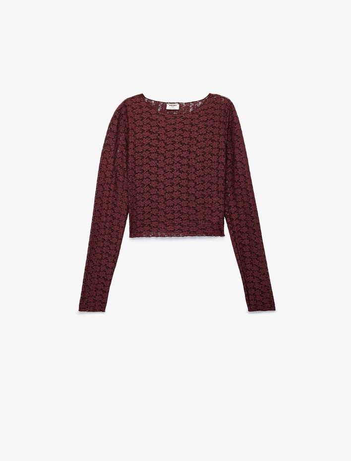 Kız Çocuk Uzun Kollu Bisiklet Yaka Dantel Crop Bluz