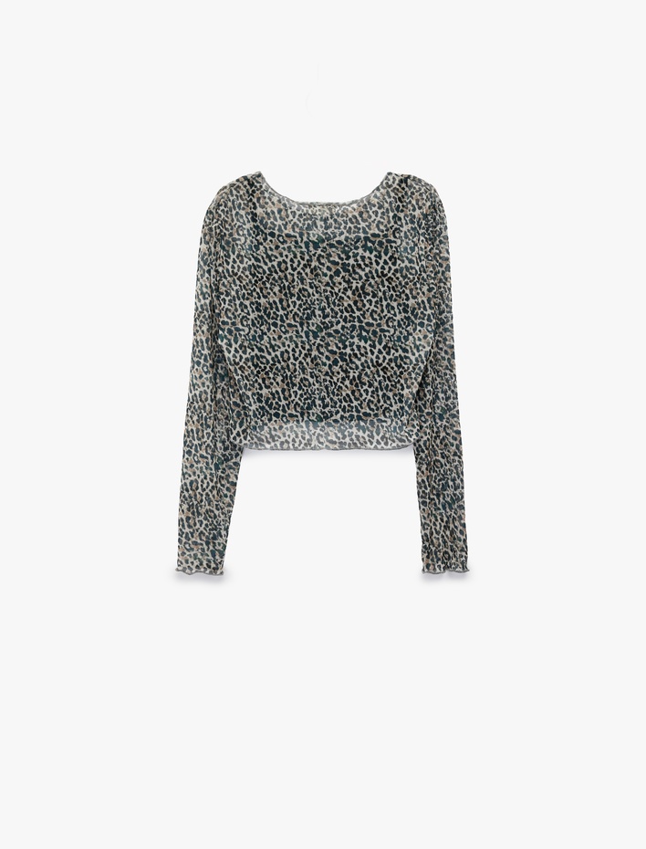 Kız Çocuk Leopar Desenli Uzun Kollu Bisiklet Yaka Crop Bluz