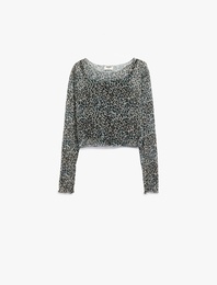 Leopar Desenli Uzun Kollu Bisiklet Yaka Crop Bluz