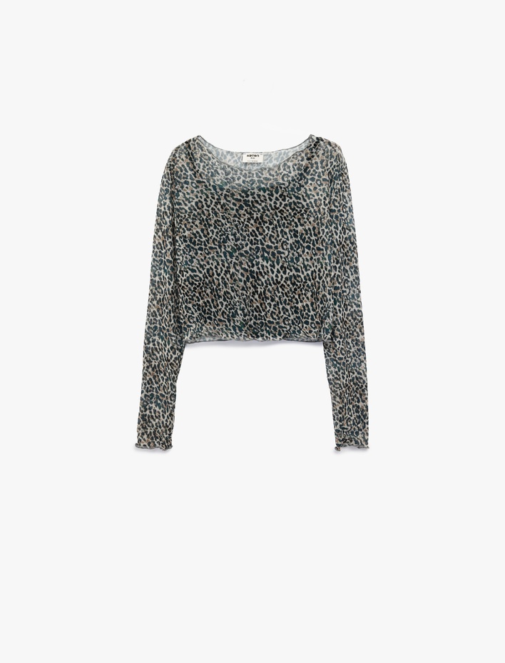 Kız Çocuk Leopar Desenli Uzun Kollu Bisiklet Yaka Crop Bluz