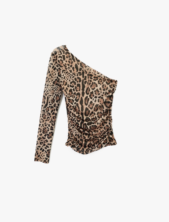  Uzun Kollu Leopar Desenli Tek Omuz Tül Tişört