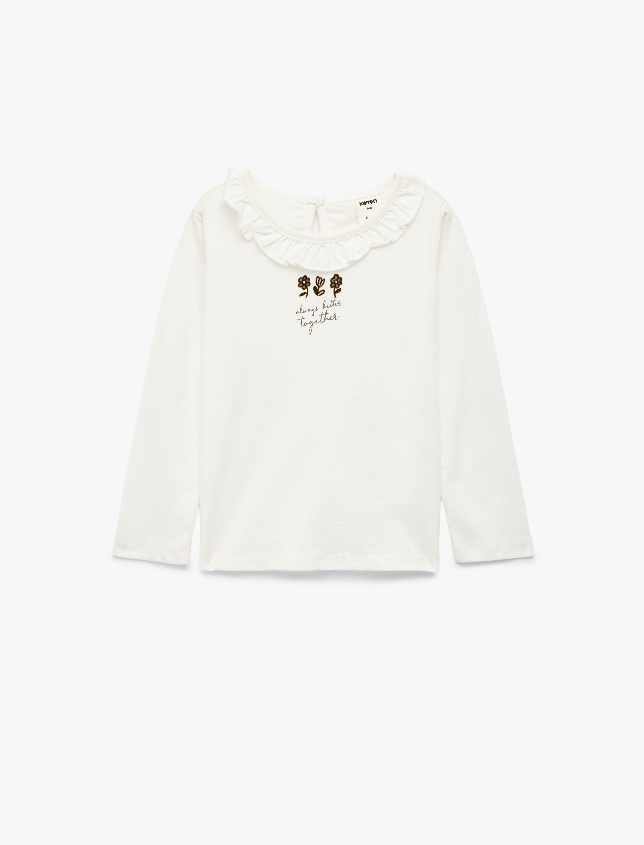  Kız Bebek Pamuklu Fırfır Detaylı Çiçek Baskılı Bisiklet Yaka Uzun Kollu Tişört