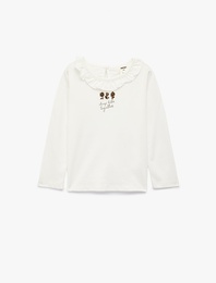 Pamuklu Fırfır Detaylı Çiçek Baskılı Bisiklet Yaka Uzun Kollu Tişört