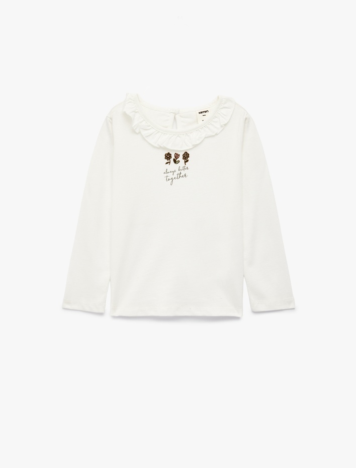 Kız Bebek Pamuklu Fırfır Detaylı Çiçek Baskılı Bisiklet Yaka Uzun Kollu Tişört