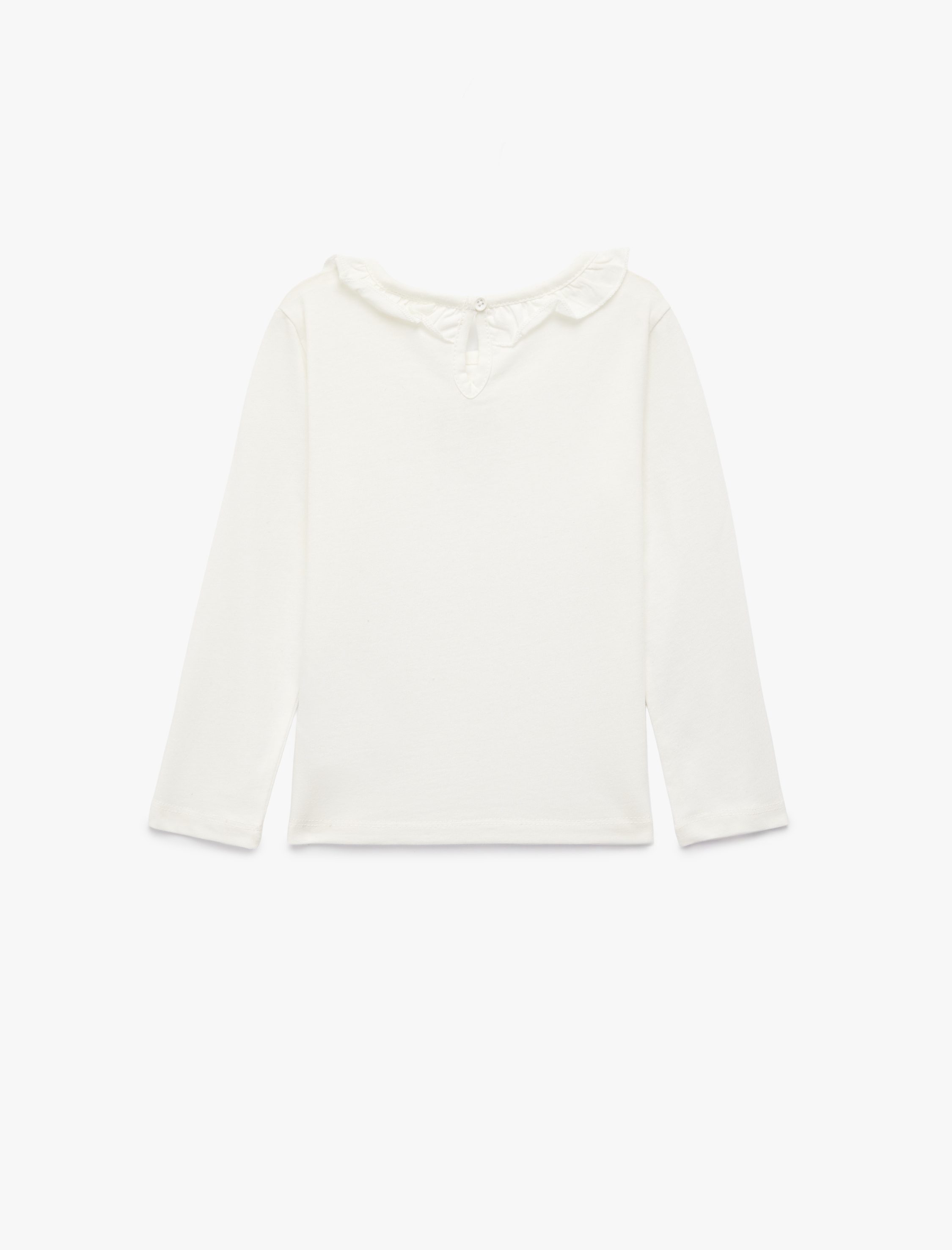  Kız Bebek Pamuklu Fırfır Detaylı Çiçek Baskılı Bisiklet Yaka Uzun Kollu Tişört