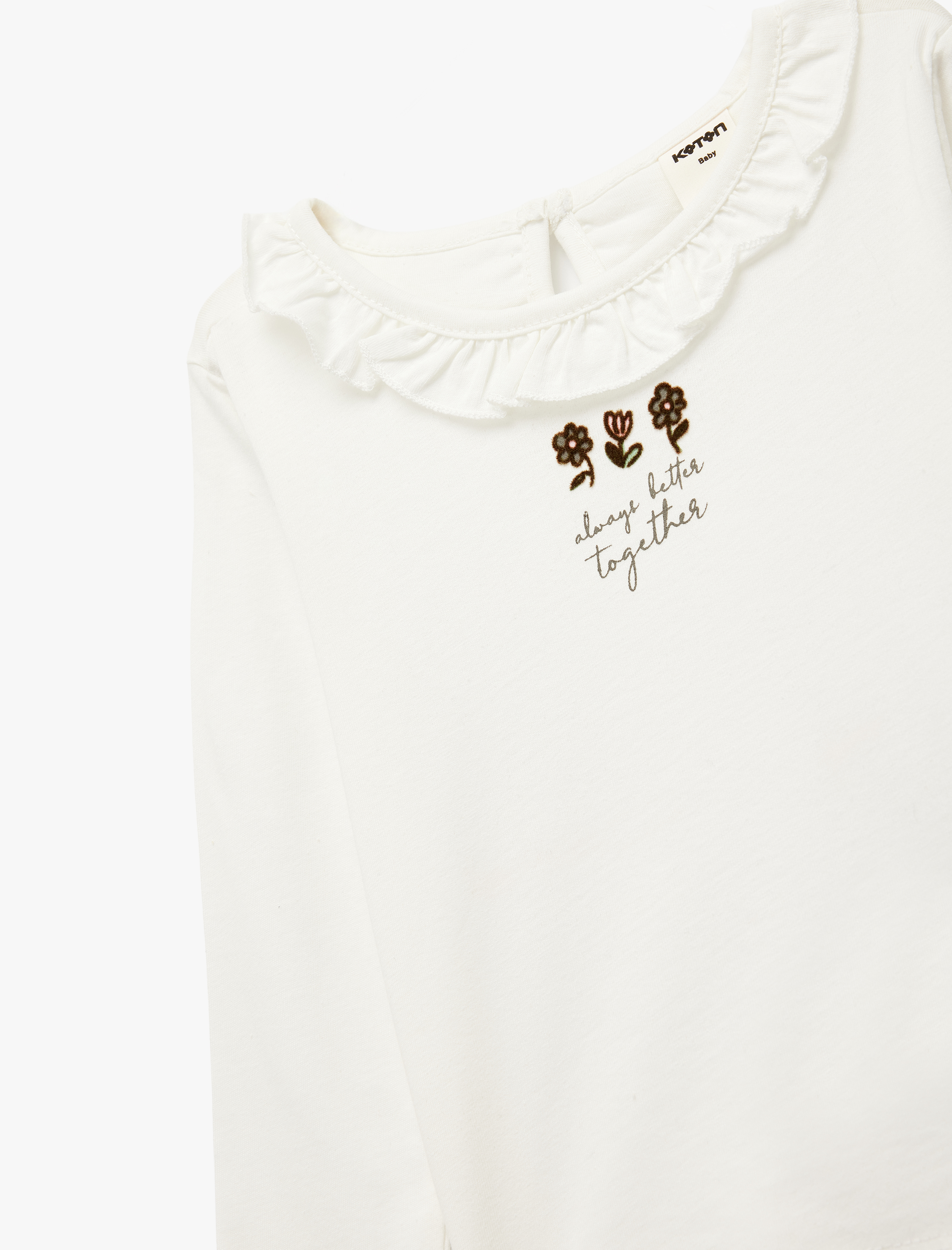  Kız Bebek Pamuklu Fırfır Detaylı Çiçek Baskılı Bisiklet Yaka Uzun Kollu Tişört