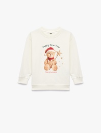 Bisiklet Yaka Şardonlu Yılbaşı Temalı Uzun Kollu Ayıcık Baskılı Pamuklu Yılbaşı Sweatshirt