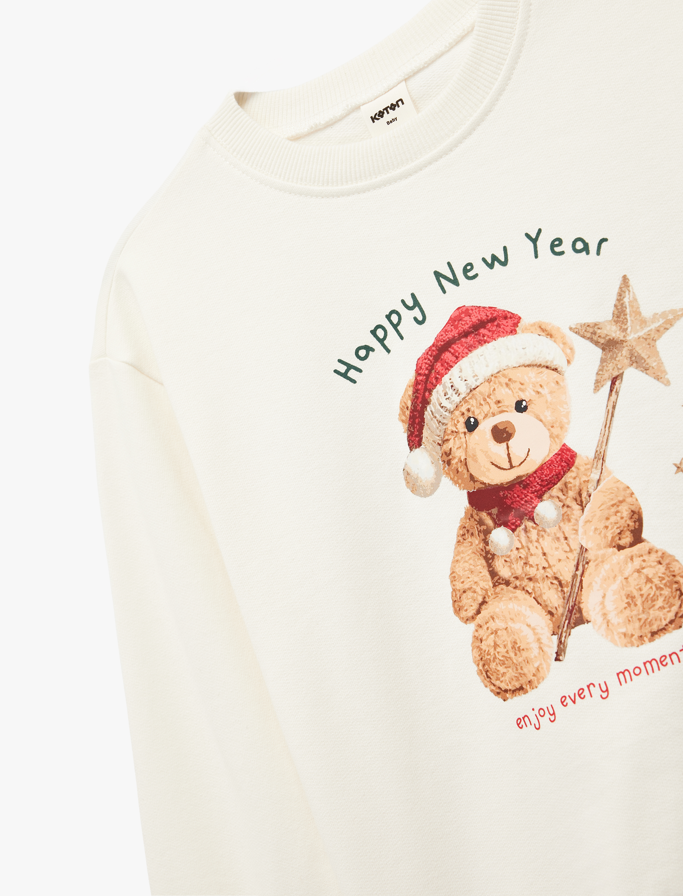  Kız Bebek Bisiklet Yaka Şardonlu Yılbaşı Temalı Uzun Kollu Ayıcık Baskılı Pamuklu Yılbaşı Sweatshirt