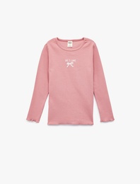 Pamuklu Kaşkorse Bisiklet Yaka Fiyonk İşlemeli Uzun Kollu Tişört