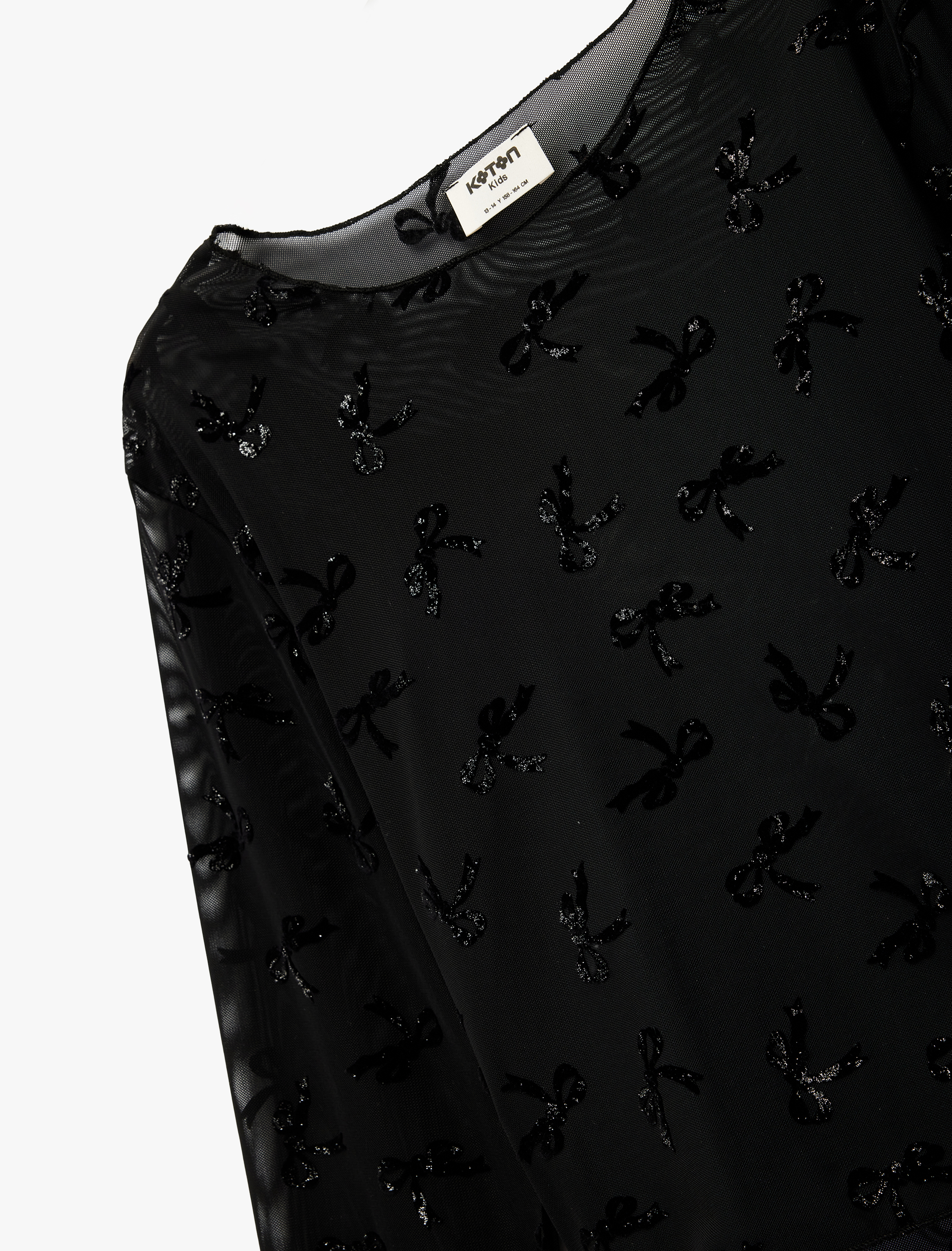  Kız Çocuk Uzun Kollu Simli Fiyonk Detaylı Tül Bisiklet Yaka Crop Yılbaşı Bluz