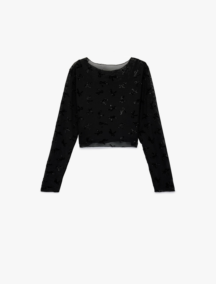 Kız Çocuk Uzun Kollu Simli Fiyonk Detaylı Tül Bisiklet Yaka Crop Yılbaşı Bluz
