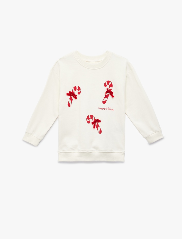 Kız Bebek Uzun Kollu Şardonlu Bisiklet Yaka Yılbaşı Temalı Baskılı Pamuklu Sweatshirt