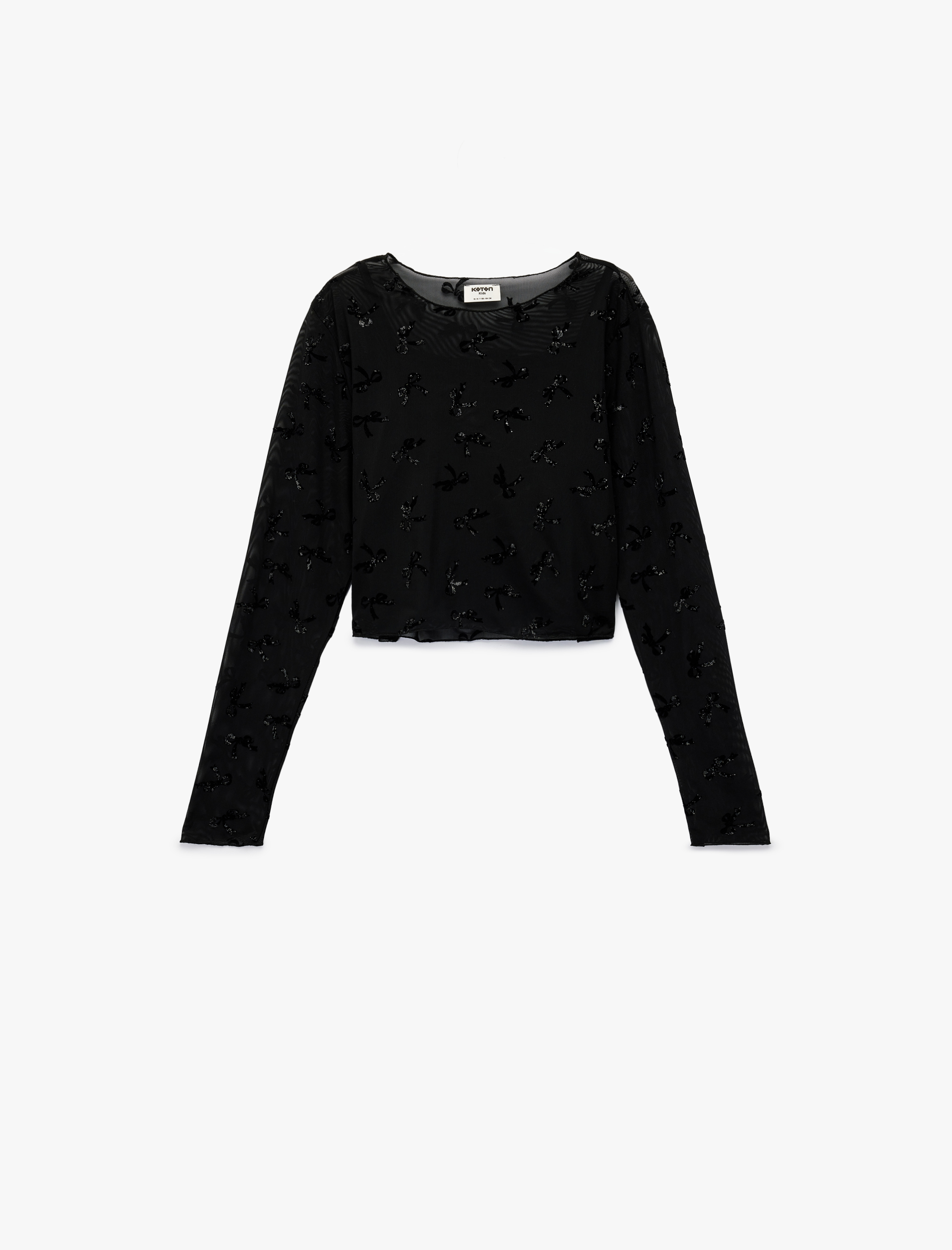  Kız Çocuk Uzun Kollu Simli Fiyonk Detaylı Tül Bisiklet Yaka Crop Yılbaşı Bluz