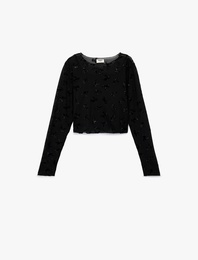 Uzun Kollu Simli Fiyonk Detaylı Tül Bisiklet Yaka Crop Yılbaşı Bluz