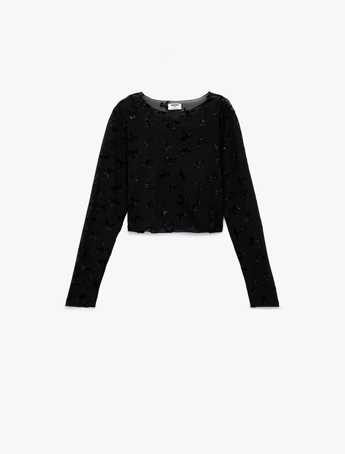 Kız Çocuk Uzun Kollu Simli Fiyonk Detaylı Tül Bisiklet Yaka Crop Yılbaşı Bluz