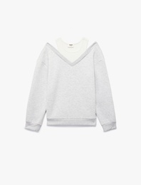 Çift Yakalı Pamuk Karışımlı Uzun Kollu Bisiklet Yaka Sweatshirt