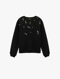 Şardonlu Uzun Kollu Bisiklet Yaka Pul Payet Detaylı Sweatshirt