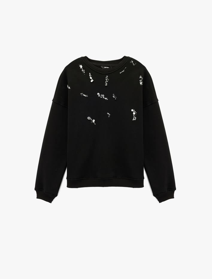  Şardonlu Uzun Kollu Bisiklet Yaka Pul Payet Detaylı Sweatshirt