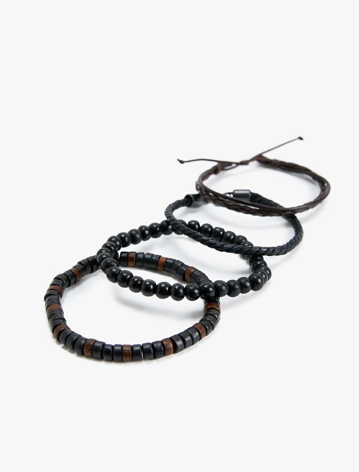 Erkek Bileklik Seti 4'lü Ahşap Boncuklu Deri Görünümlü