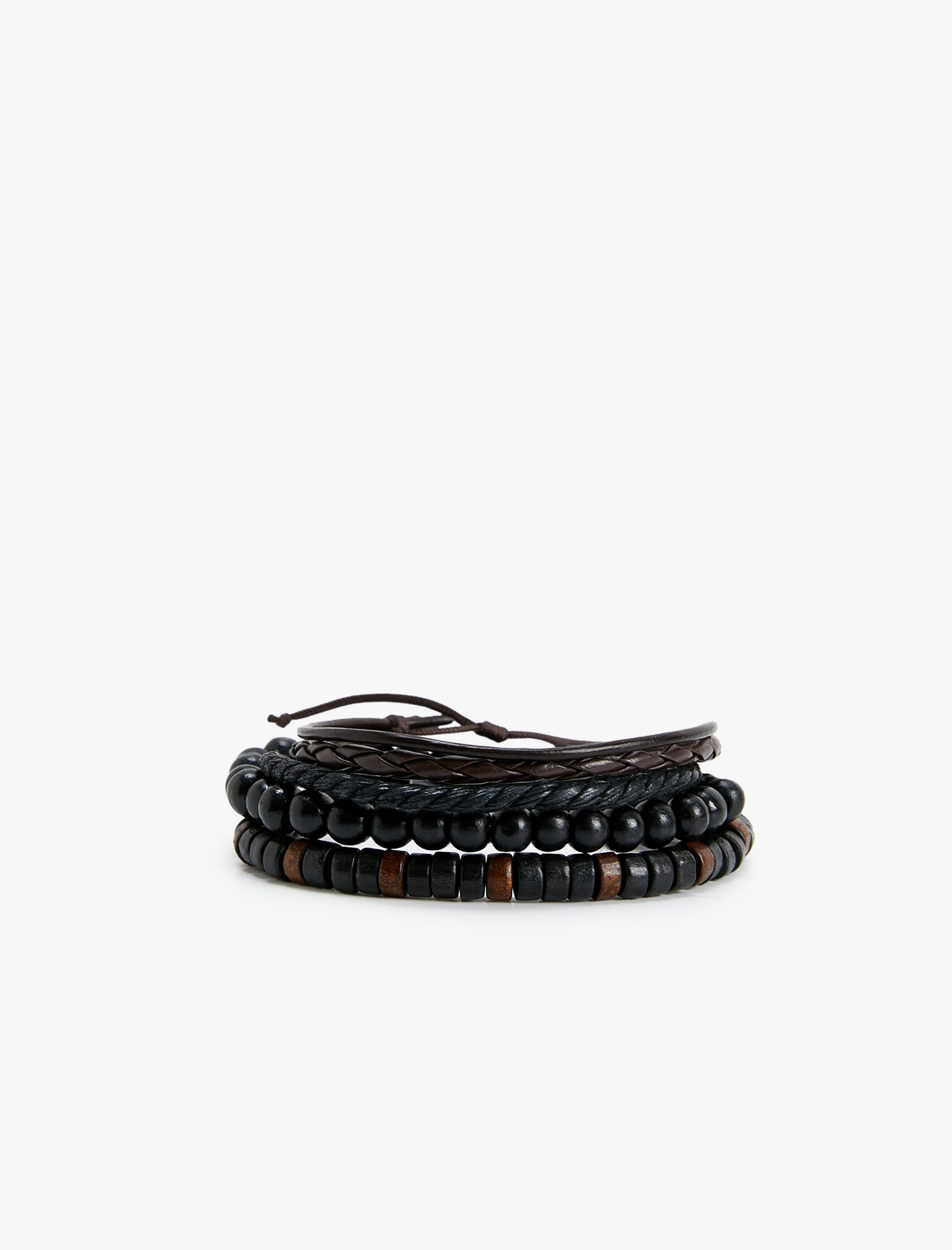  Erkek Bileklik Seti 4'lü Ahşap Boncuklu Deri Görünümlü