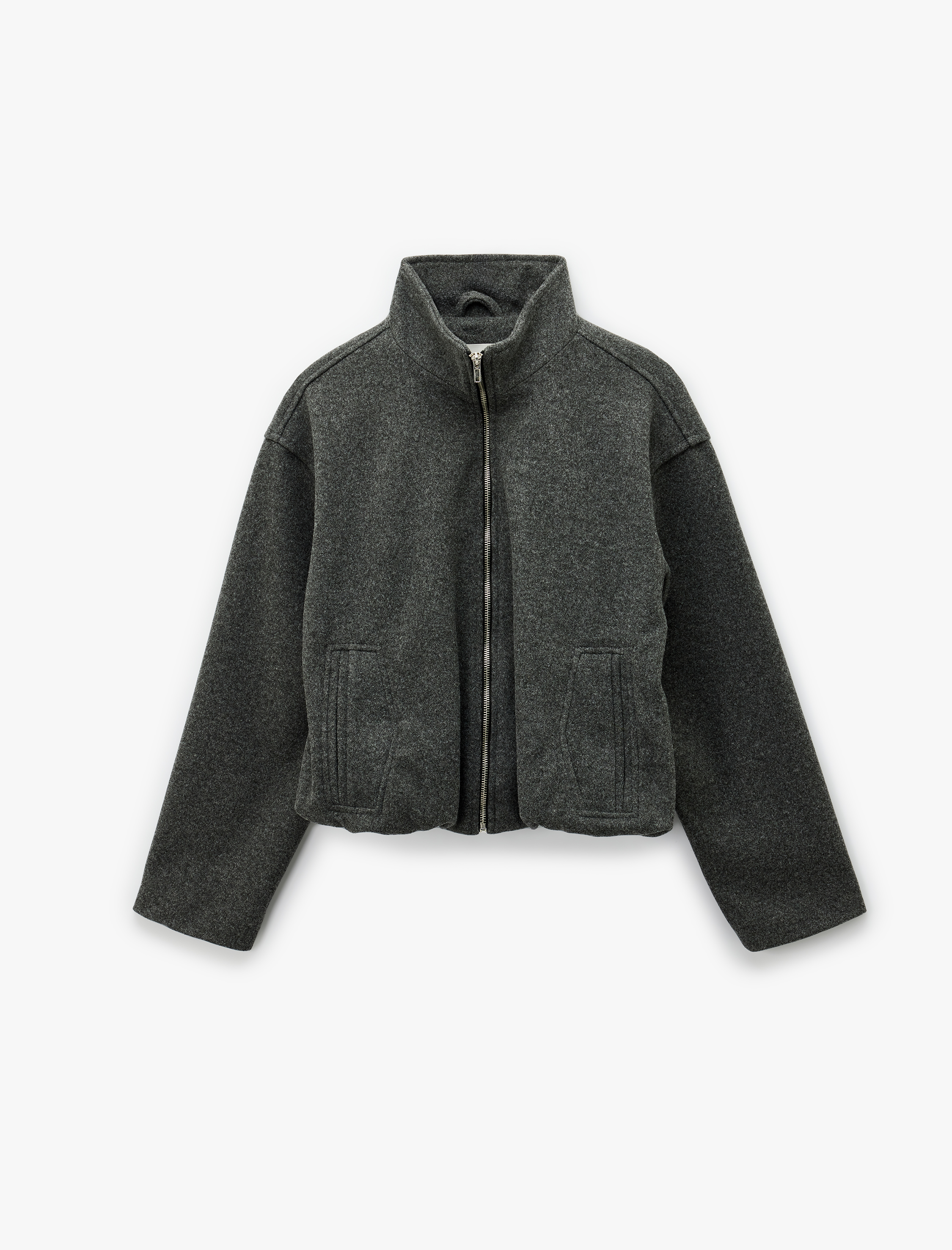   Dik Yaka Uzun Kollu Cepli Fermuarlı Oversize Bomber Ceket