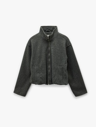 Dik Yaka Uzun Kollu Cepli Fermuarlı Oversize Bomber Ceket