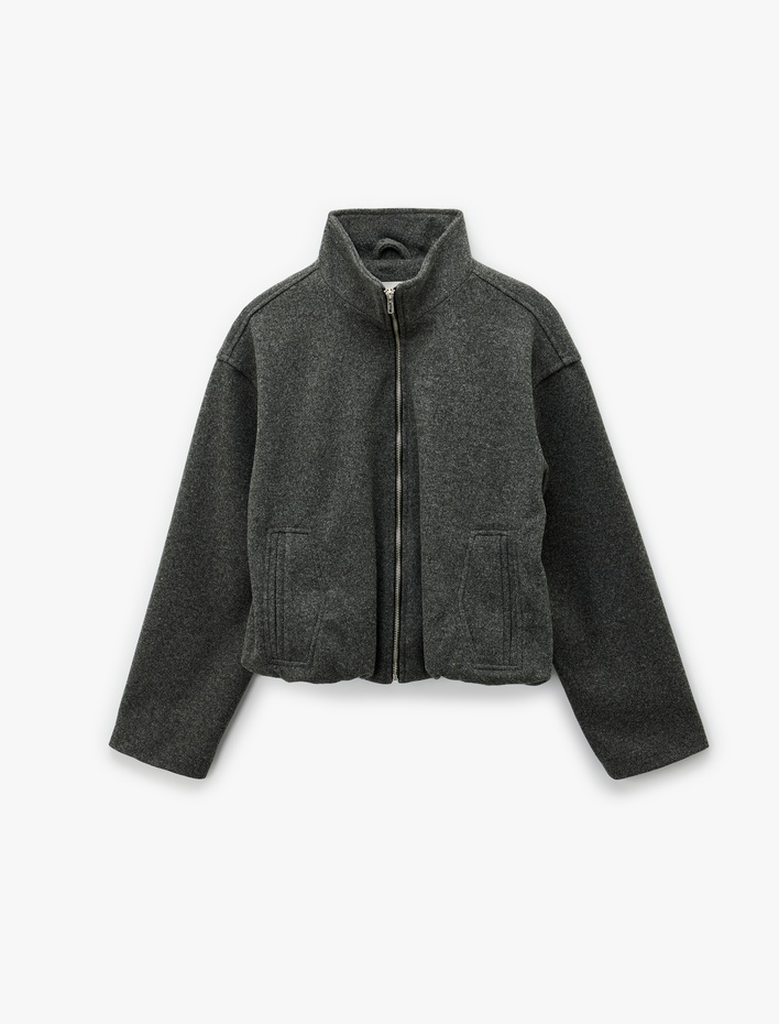  Dik Yaka Uzun Kollu Cepli Fermuarlı Oversize Bomber Ceket