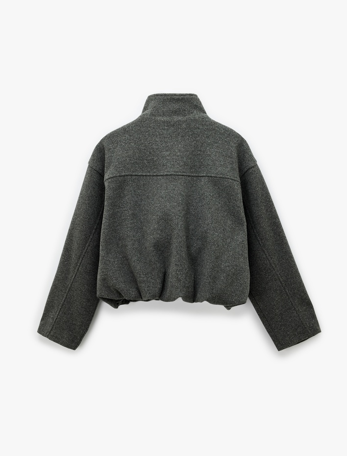  Dik Yaka Uzun Kollu Cepli Fermuarlı Oversize Bomber Ceket