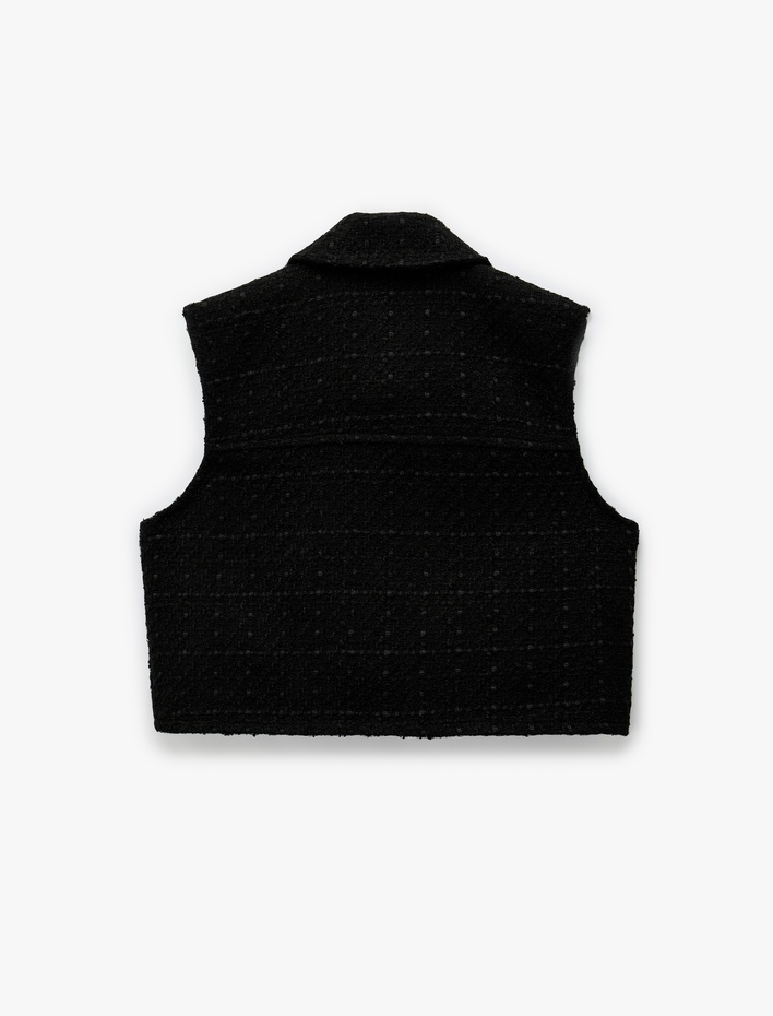  Yuvarlak Yaka Düğmeli Cepli Metal Aksesuar Detaylı Kolsuz Tüvit Yelek