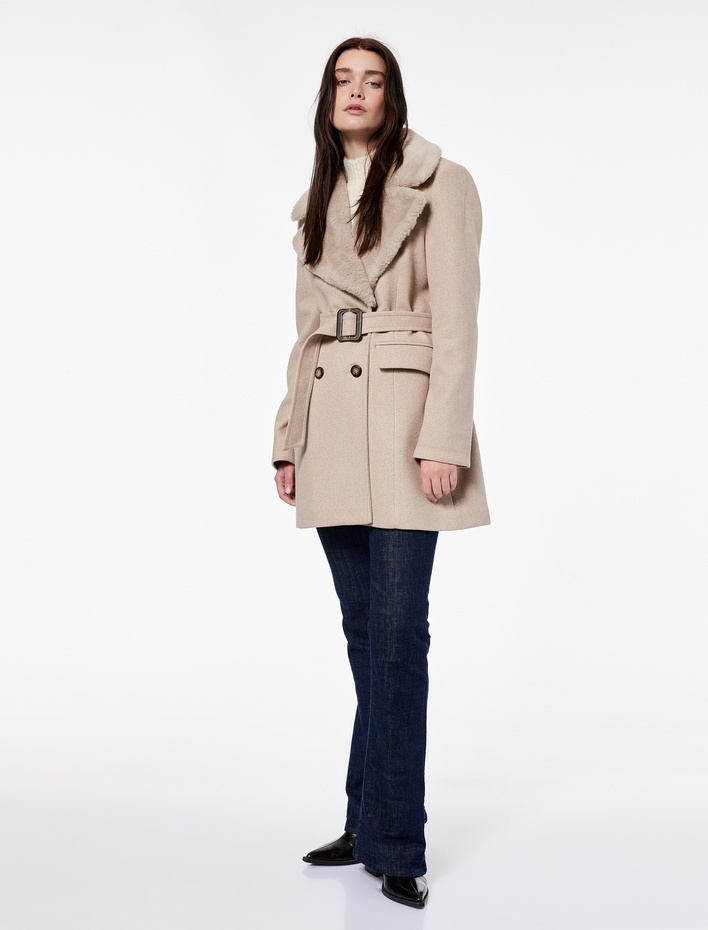  Koton X Şahika Ercümen - Suni Kürk Yaka Kaban Kaşe Kruvaze Kemerli Cepli