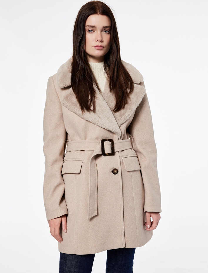  Koton X Şahika Ercümen - Suni Kürk Yaka Kaban Kaşe Kruvaze Kemerli Cepli