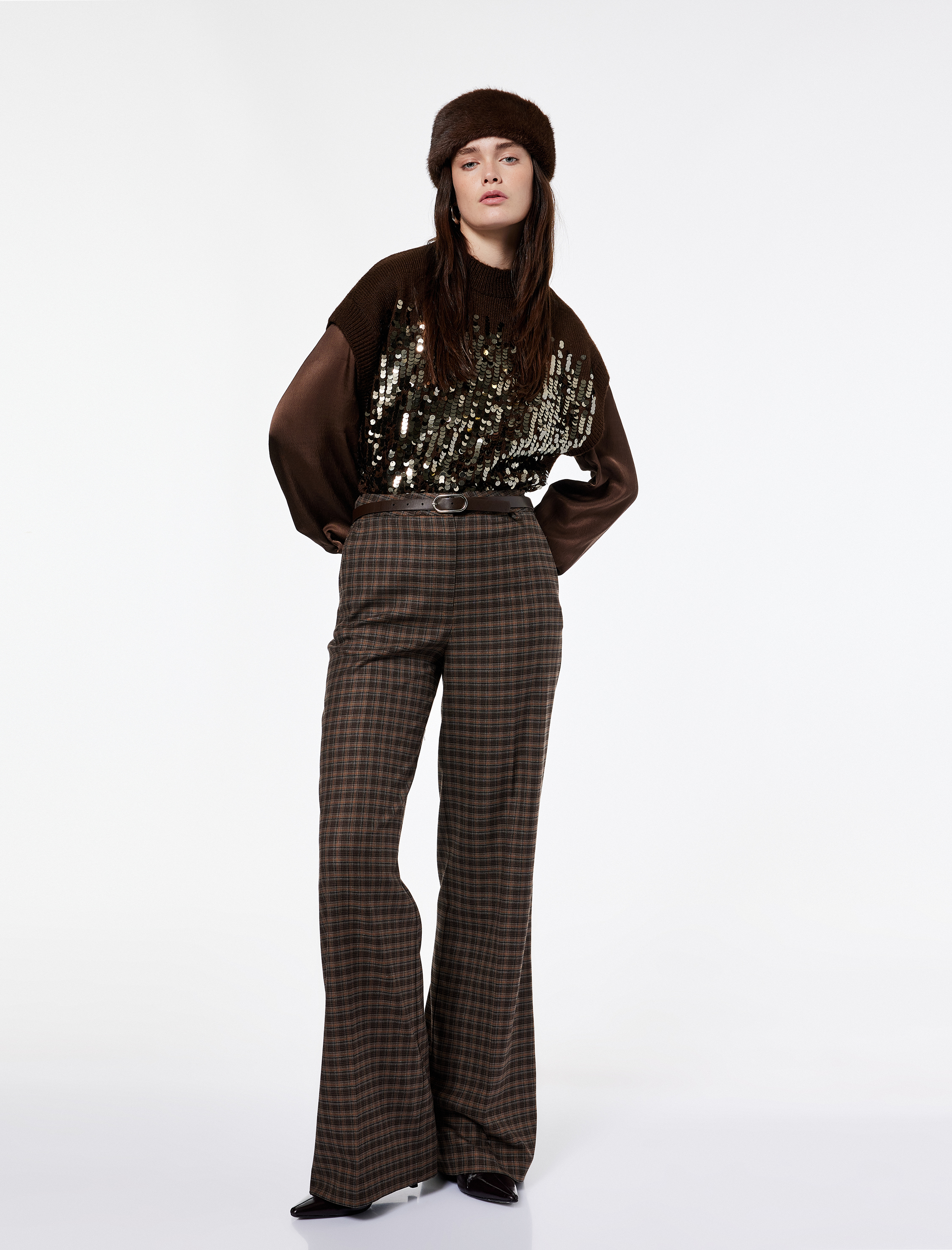   Koton X Şahika Ercümen - Cepli Geniş Paça Ekoseli Kumaş Pantolon