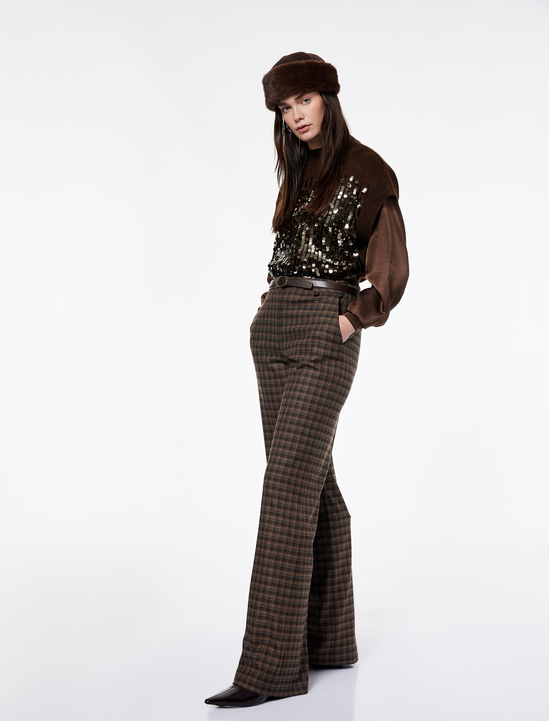   Koton X Şahika Ercümen - Cepli Geniş Paça Ekoseli Kumaş Pantolon