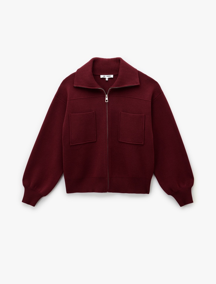  Rahat Kalıp Uzun Kollu Cep Detaylı Viskon Karışımlı Fermuarlı Hırka