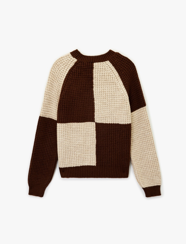  Uzun Kollu Bisiklet Yaka Renk Bloklu Triko Kazak