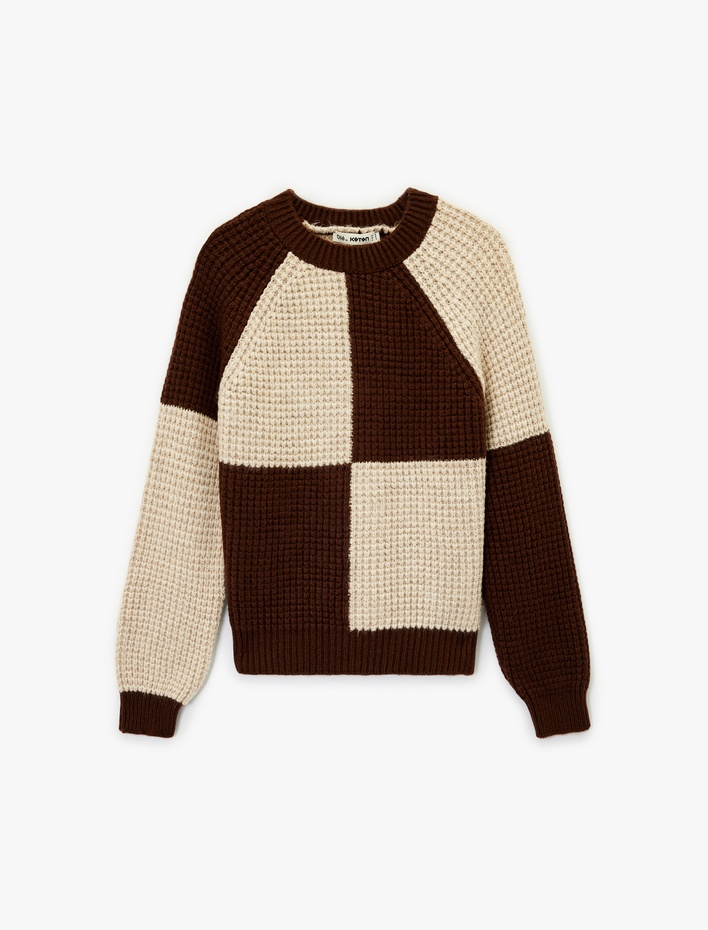  Uzun Kollu Bisiklet Yaka Renk Bloklu Triko Kazak