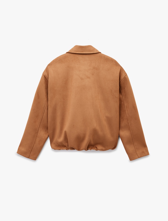  Uzun Kollu Cepli Oversize Suni Süet Bomber Ceket