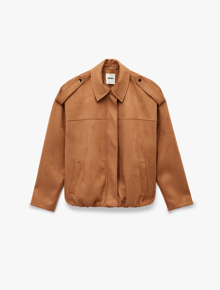  Uzun Kollu Cepli Oversize Suni Süet Bomber Ceket