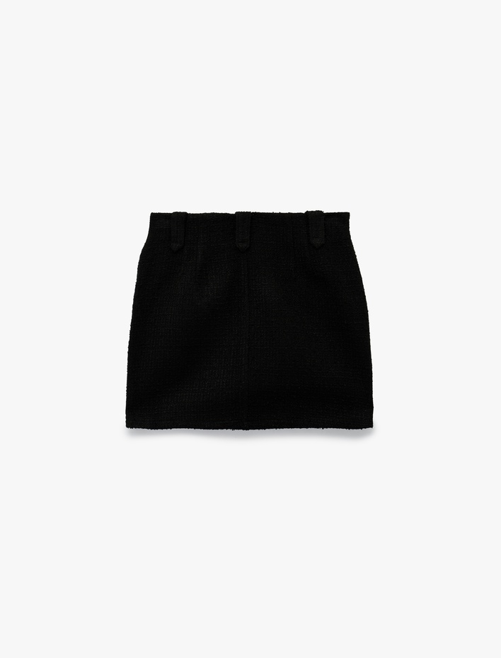  Metal Aksesuarlı Düğmeli Cepli Mini A Kesim Tüvit Etek