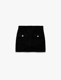 Metal Aksesuarlı Düğmeli Cepli Mini A Kesim Tüvit Etek