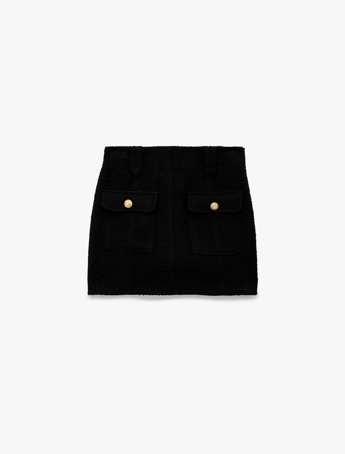  Metal Aksesuarlı Düğmeli Cepli Mini A Kesim Tüvit Etek